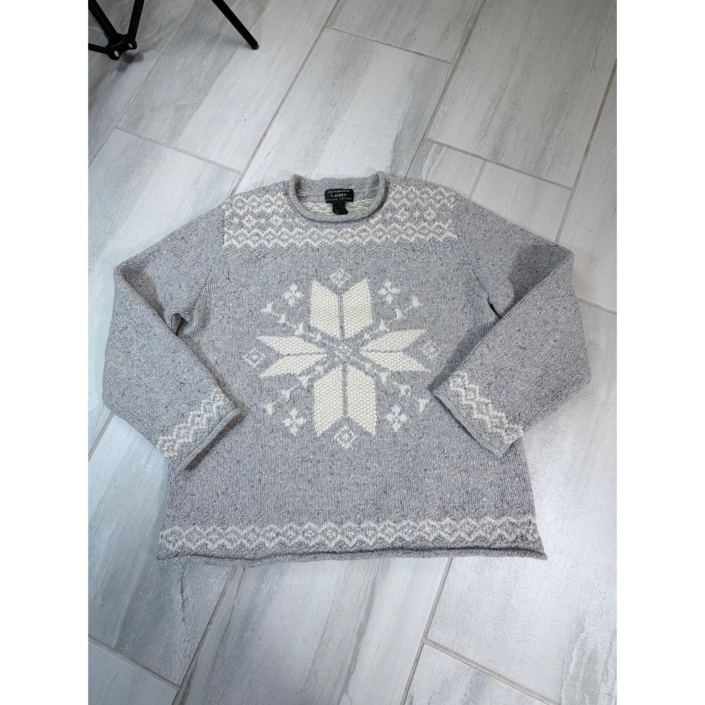 Lauren Ralph Lauren Grey Hand Knit Lambswool Snowflake Nordic Sweater Large L